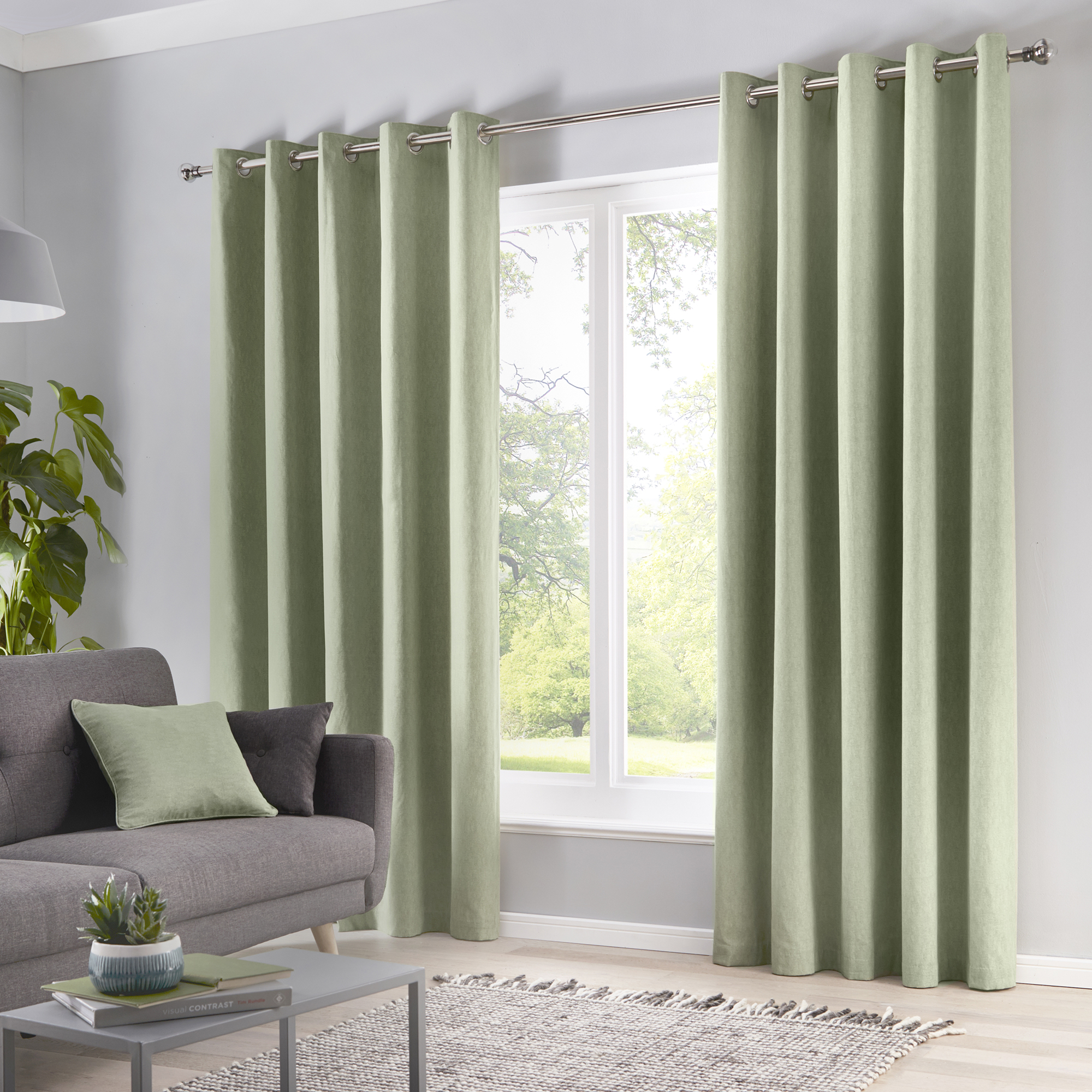 Fusion - Sorbonne Green Semi-Plain Lined Eyelet Curtains OR Matching ...